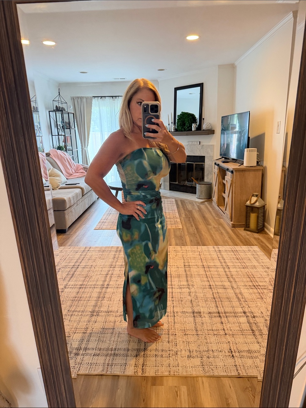 Strapless Teal Green Watercolor Midi Dress